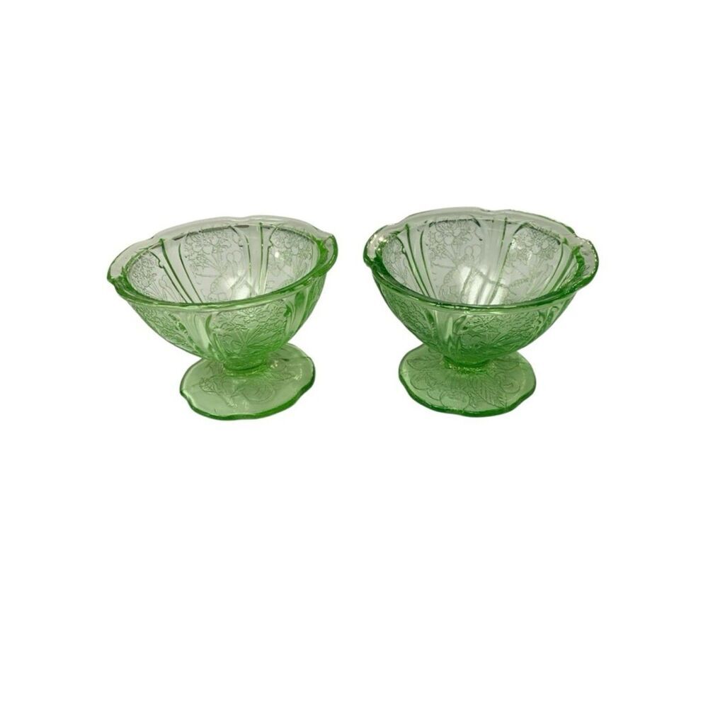 MCM Jeannette Cherry Blossom Uranium Glass Sherbet Green Ruffled Foot Set of 2